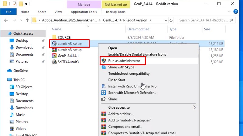 Khởi chạy file bằng quyền admin như hình